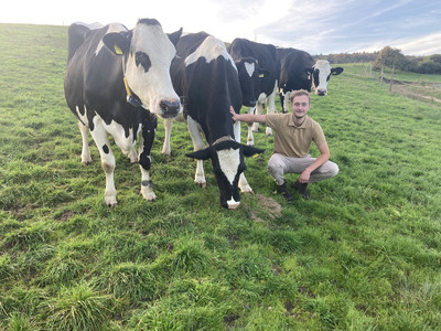 Jannik Heckel mit Kuh auf der Weide.