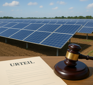 Tisch mit Richterhammer und Urteil. Im Hintergrund Solarmodule auf Ackerland 